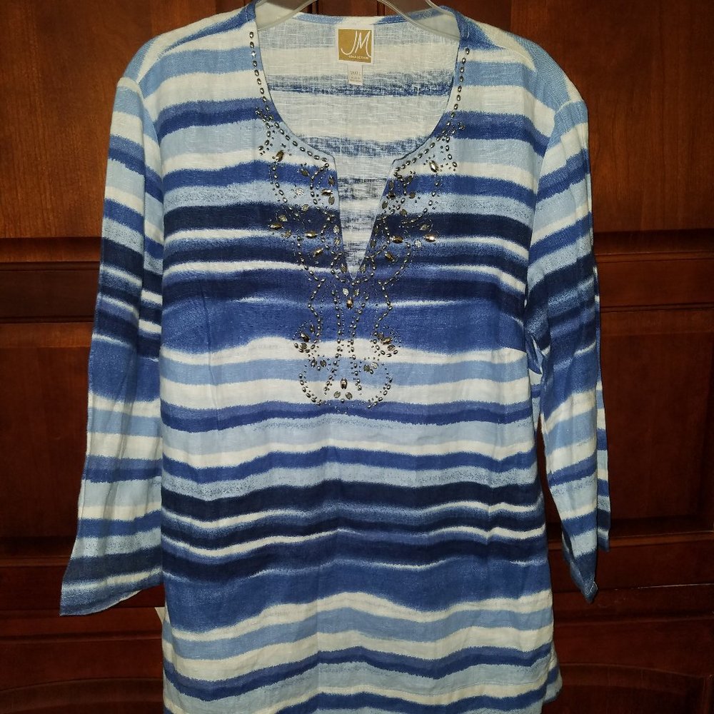 JM Collection Linen Striped Top Blouse Tunic Size Small